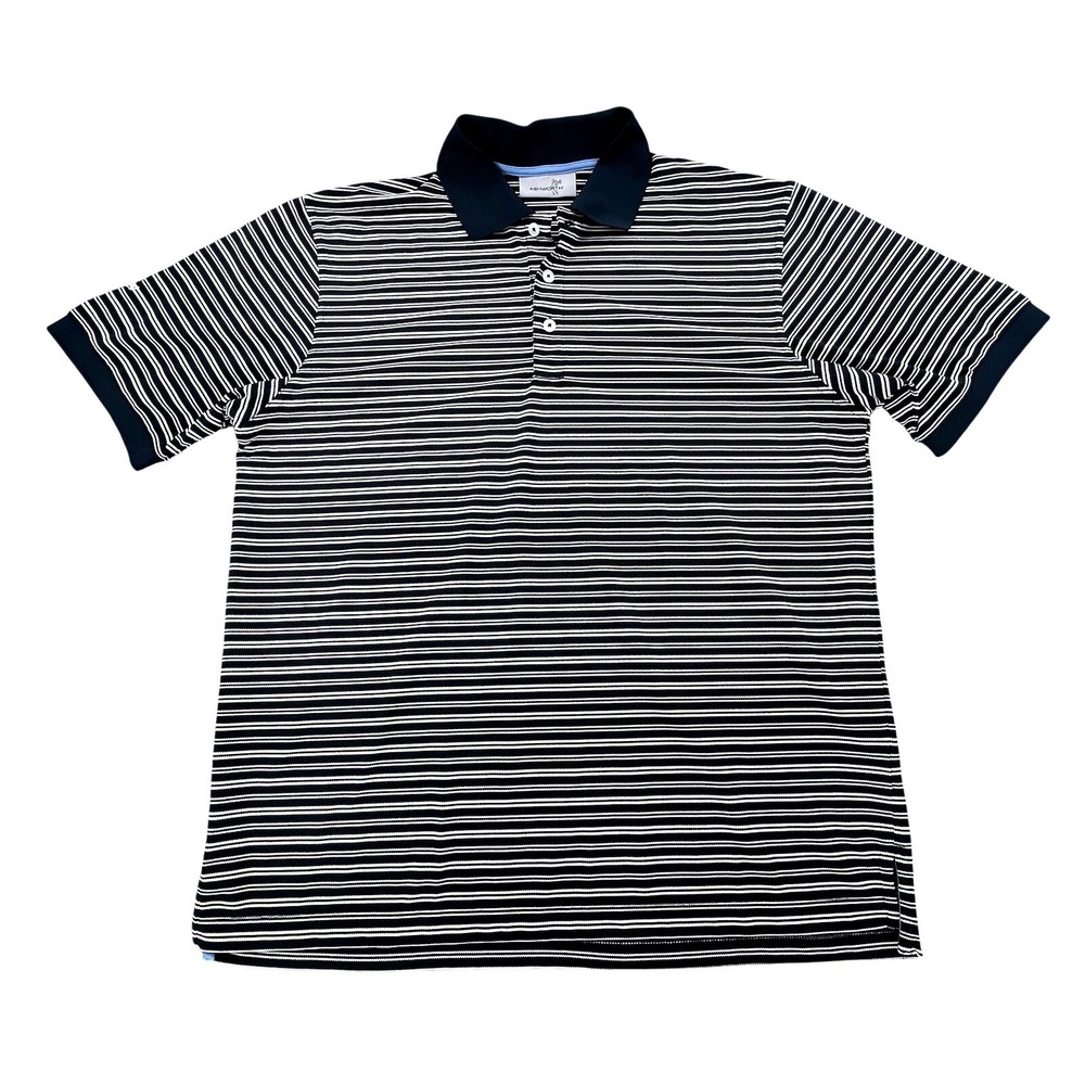 Ashworth Golf Polo Shirt Mens L Navy Blue‎ White Stripe Short Sleeve Logo